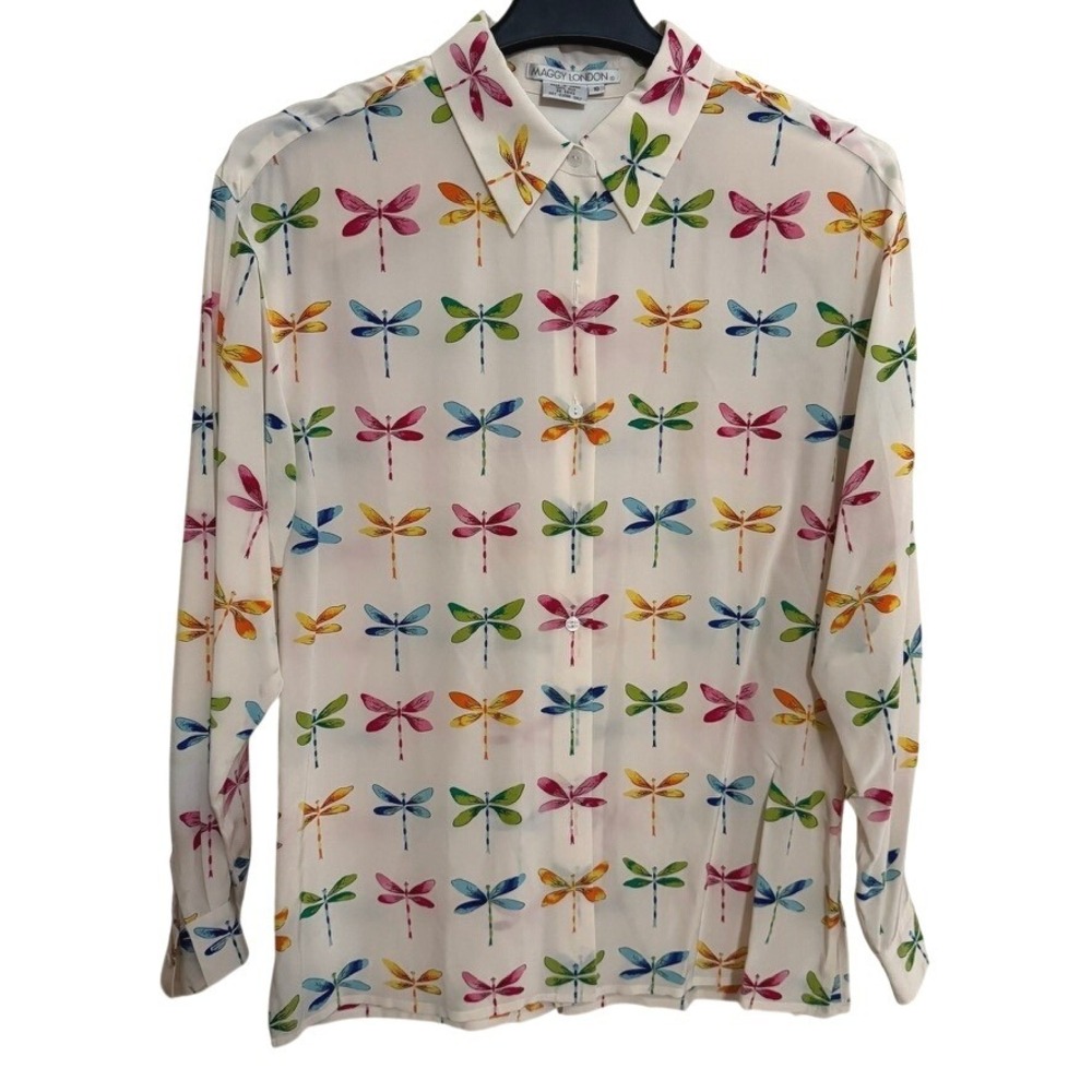 VTG Maggy London Blouse Womens Size 10 100% Silk Dragonflies Button Up Colorful